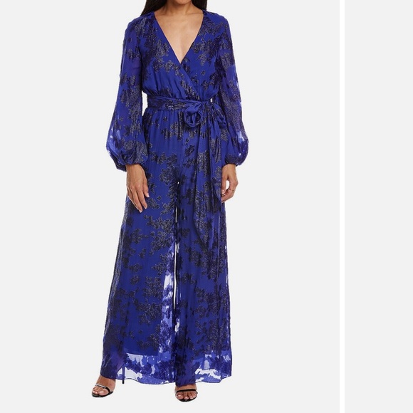 NWT ML Monique Lhuilier Belted Metallic Fil Coupe Silk Blend Wide Leg Jumpsuit 2 - Picture 6 of 16